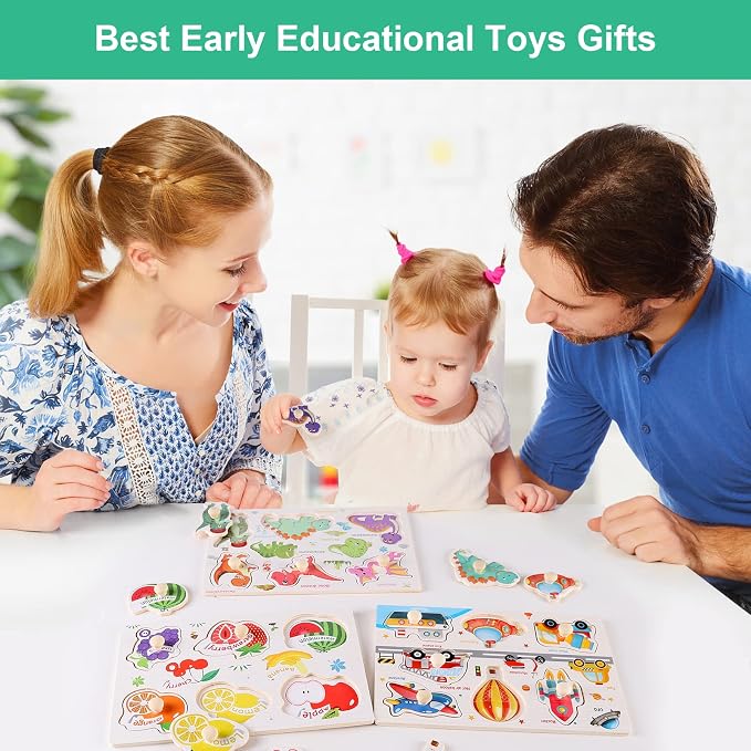 Wooden Peg Puzzles for Preschoolers 3-5, Kids' Educational Preschool Peg Puzzle Toy, Set of 3 Preschooler Puzzles - Traffic, Dinosaur, and Fruit, Ideal Gift for Ages 3 4 5 Boys and Girls