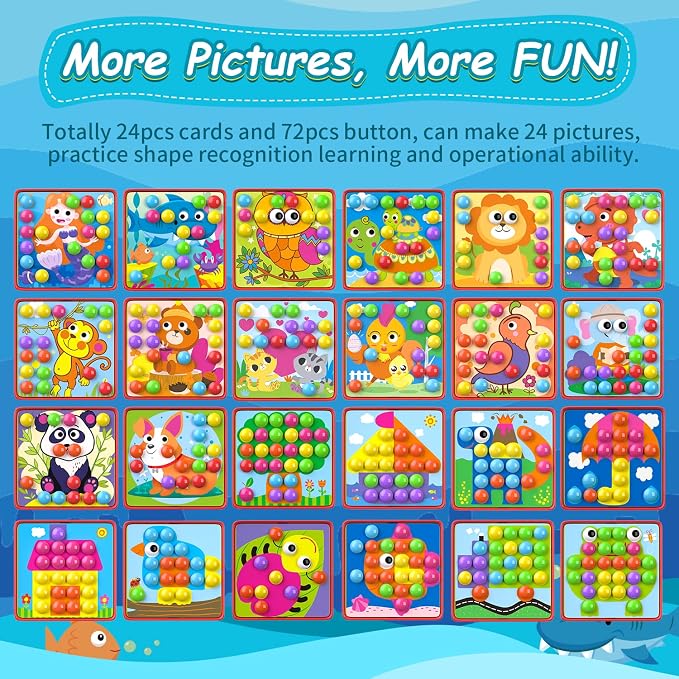Geekper 96 PCS Button Art Toys for Toddlers, Color Matching Mosaic Pegboard | Early Learning Educational Toys for 3, 4, 5, 6 Year Old Kids Boys and Girls Gifts, Including 24 Pictures and 72 Buttons