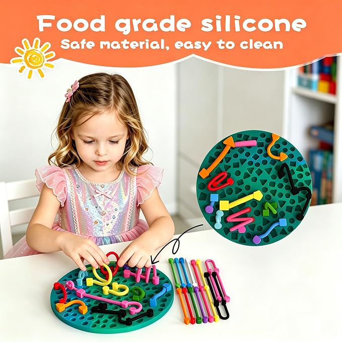 2PCS Sensory Activity Board, Sensory Board,Stress Relief Silicone Quiet Fidget Toy for Toddlers Kids Adults, ADHD Autism Sensory Toys | Includes Portable Travel Bag & 12 Strings（red+Green）