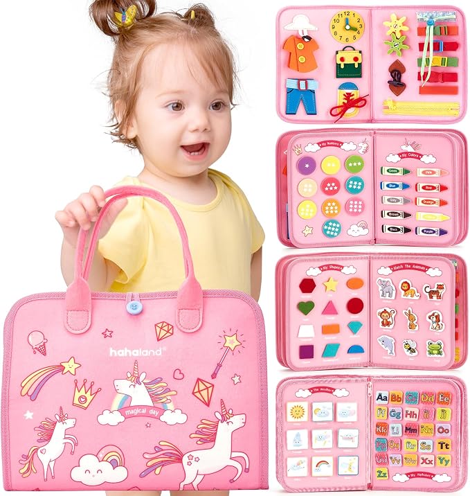 hahaland Busy Board Montessori Toys Busy Book Toddler Girl Gifts Travel Toy | Toddlers Educational Learning Toys with Life Skills, Alphabet, Number, Shape, Color, Weather, Detachable Pages for Car Ride