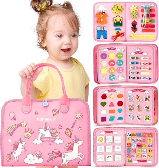 hahaland Busy Board Montessori Toys Busy Book Toddler Girl Gifts Travel Toy | Toddlers Educational Learning Toys with Life Skills, Alphabet, Number, Shape, Color, Weather, Detachable Pages for Car Ride
