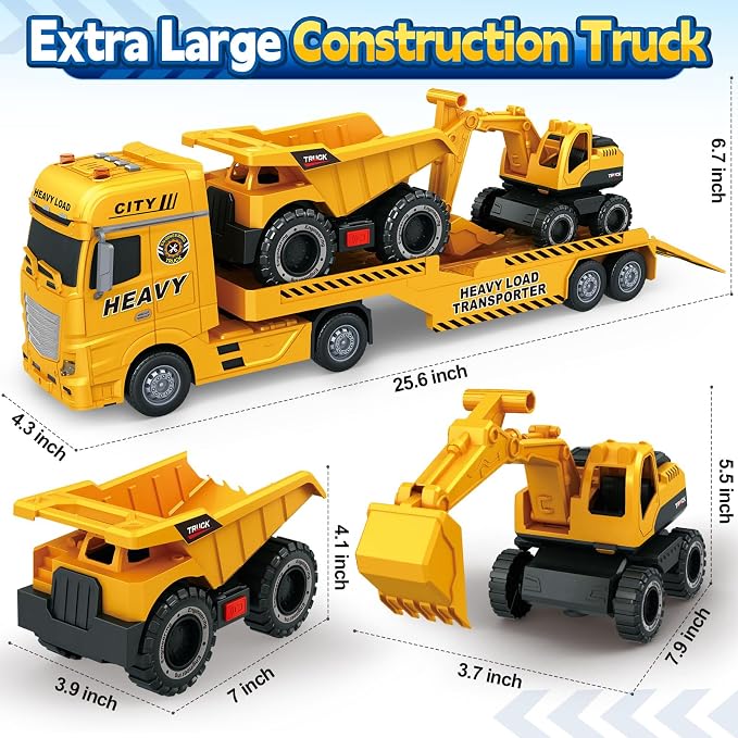 Bstoyder Toddler Boy Toys for 3 4 5 6 7 Years Kids, 25" Semi Construction Carrier Truck Toy with Excavator and Dump Truck, Friction Powered Toys with Lights and Sounds, Birthday for Boy Girls