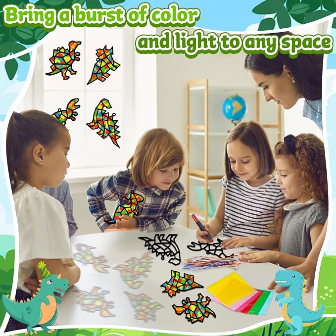 Lonfliness 32Sets Dinosaur Suncatchers Crafts Kit DIY Dino Window Stained Glass Effect Paper Dinosaur Animal Home School Classroom Decoration Art Craft Creative Activity Project Kid Gift Favor