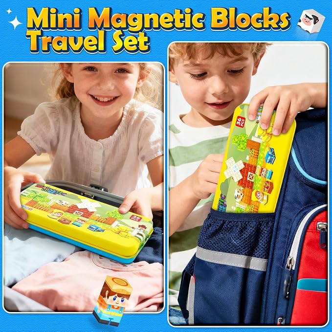 Magnetic Blocks Travel Toddler Toys Magnet Building Tiles STEM Sensory Toys | Construction Cubes Educational Toys with Portable Box, Christmas Birthday Kids Gifts for Boys Girls Ages 3-5 5-7 4-8
