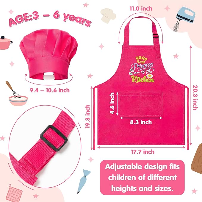 R HORSE 2 Piece Kid Apron and Chef Hat Set, Children Role Play Chef Toy | Rose Red Princess Adjustable Kitchen Apron for Girls, Ideal for Cooking, Baking, Painting, Training, Cooking Birthday Gift