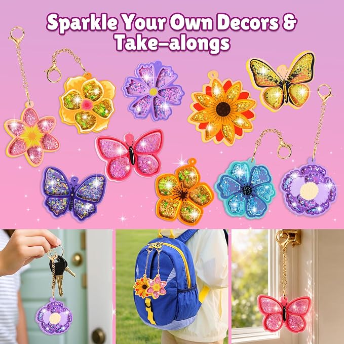 Fun Shake Glitter Craft Kits for Kids, DIY Arts and Crafts Keychains Kit | Art Supplies, Class Travel Activities, Party favors, Gifts for Girls & Boys 4yrs+, Butterfly & flower