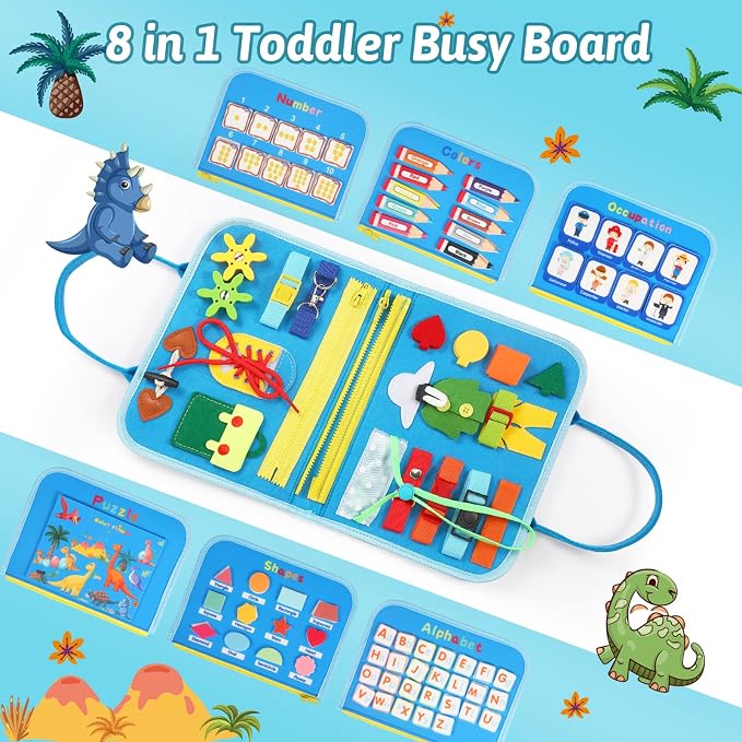 Quiet Flower Busy Board Montessori Toys - Sensory Busy Book for Early Learning, Dinosaur Educational Activity for Fine Motor Skills, Airplane Car Travel Toy Gifts for Boys Girls