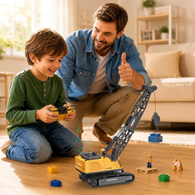 Remote Control Crane Toy for Boys, 2.4GHz RC Crawler Crane with Metal Hook & 2x1200mAh Batteries, 1:18 12-Ch RC Construction Vehicle with Lights, Sound,Spray, Birthday Gift for Kids Ages 3-12
