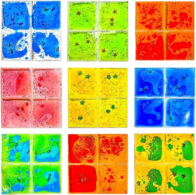 Onyoloy Liquid Sensory Soft Gel Tiles - 12" x 12" Square Multicolor Sensory Toys - Set of 9, Water Sensory Toys for Nurseries, Playrooms, Toddlers and Kids with Autism.