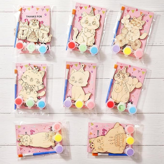 Saypacck 24 Pcs Cat Party Favors Wooden Paint Craft Kits | Cute Cat Designs, Includes Paints Brush Bag, For Girls Cowgirl Theme Goodie Bag Fillers, DIY Thank You Gifts