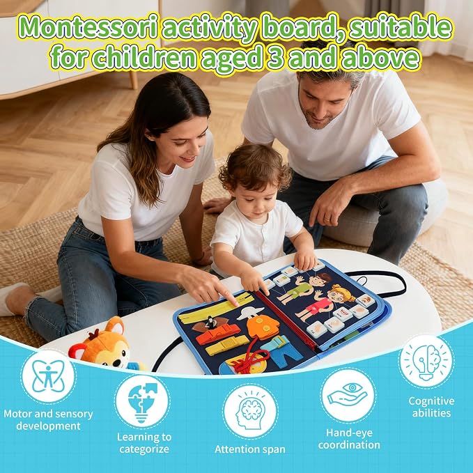 Montessori Busy Book for Toddlers 1-4, Quiet Learning Activity Book – Numbers, Colors, Clock Time, Vehicles, Animal Matching, Dressing Practice, Fine Motor Sensory Travel Toy, Gift for 1-4Y Boys Girls