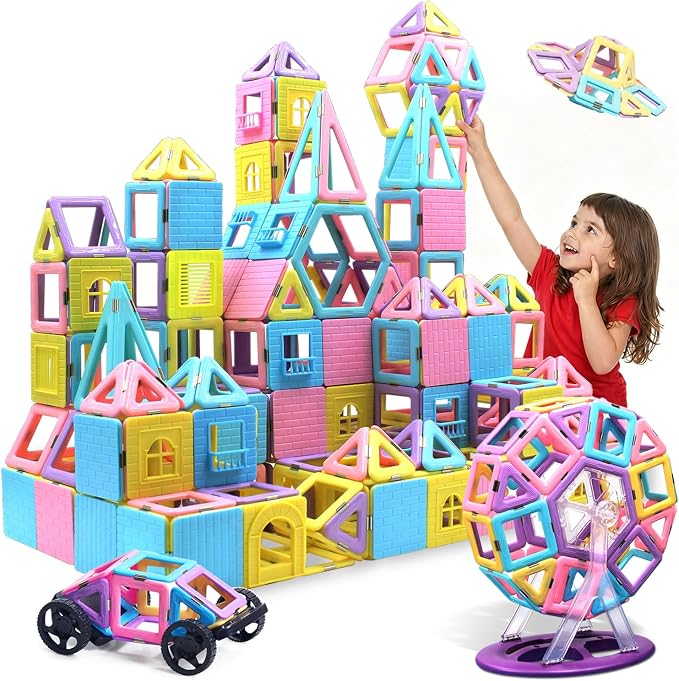 Tolnetr 124PCS Magnetic Tiles Toys for 3 4 5 6 7 8+Year Old Boys Girls | Magnetic Blocks Building Macaron Castle Set for STEM Creativity Educational Toys for Kids Age 3-6 Christmas Birthday Gifts