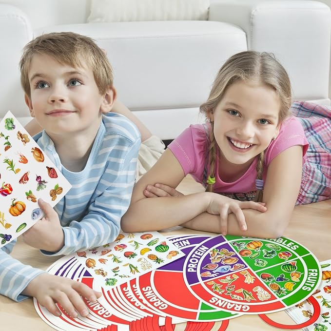 Cinrobiye 24 Set My Plate Food Stickers Preschool Vegetables Fruit Protein Grains Food Diary Early Learning Play Kit My Plate Food Chart Stories Games for Home School Classroom Supplies