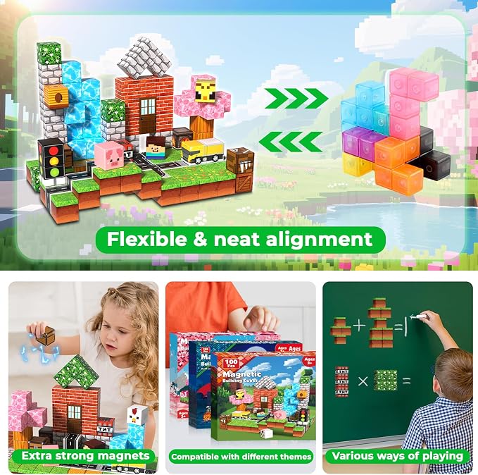 Magneverse 100 PCS 0.8in Magnetic Blocks - Magnet Toys & Magnetic Building Blocks Cubes, Stacking Magnets, STEM Toys for School Acitivities, Birthday Gifts for Boys Age 3+ Years Old (Theme: Forests)