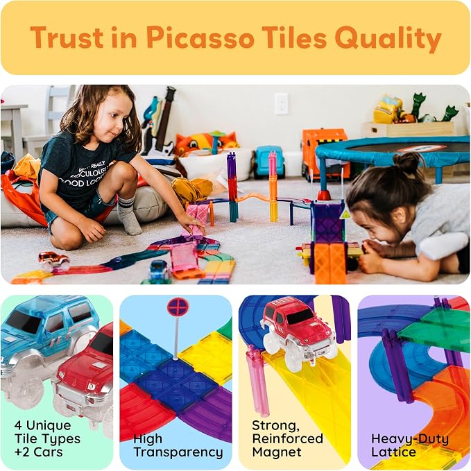 PicassoTiles 30 PCS Magnetic Race Track Toy Set STEM Educational Building | Ages 3+, BPA-free materials, promotes hand-eye coordination & engineering skills, Hands-On Learning & Screen Free Play