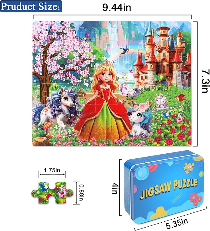 LELEMON 60 Pieces Jigsaw Puzzles for Kids Ages 4-8 Princess and Unicorns Puzzles Boys Girls Children Learning Educational Puzzles Portable Box Pack Toy