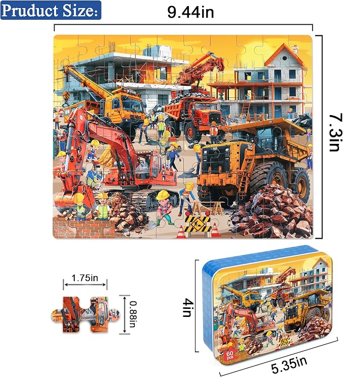 LELEMON Puzzles for Kids Ages 4-8 60 Piece Construction Site Puzzle for Kids Boys Girls Children Learning Educational Puzzls Portable Box Pack Toy