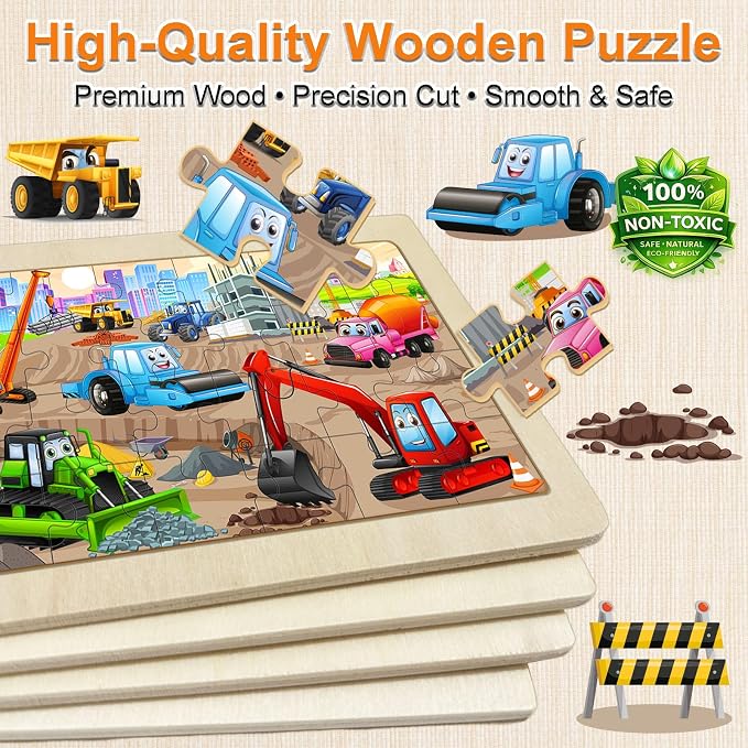 Wooden Puzzles for Kids Ages 4-6, 4 Pack 24 Pcs Toddler Puzzles Set for Ages 3-5, Educational Learning Toys Gift for Boys Girls 3 4 5 6 Year Old, Vehicle Transport Construction Car