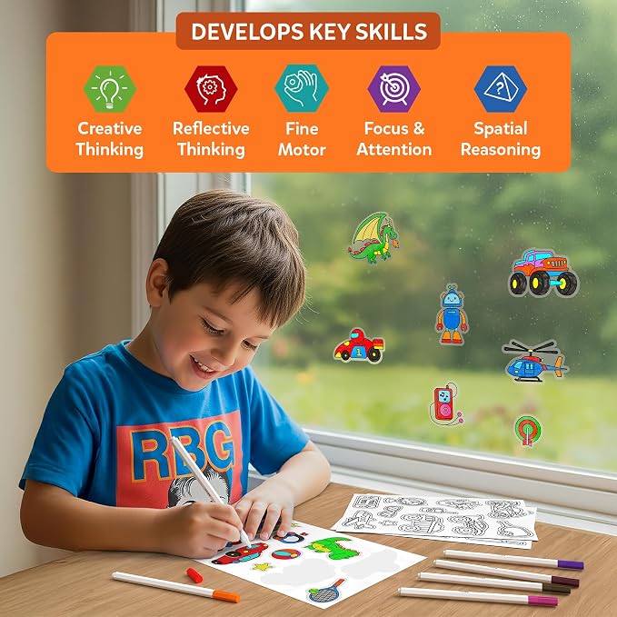 Skillmatics Color Clingz – Cars, Sports, Dinos & More, Reusable Stickers | 50+ DIY Stickers, Travel Toys, Mess-Free, Window Art & Craft Kit, Gifts for Toddlers, Girls & Boys Ages 3, 4, 5, 6, 7