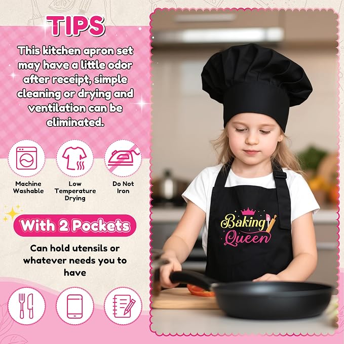 R HORSE Kid Apron and Chef Hat Set 2Pcs Adjustable Black Baking Queen Children Kitchen Apron, Dress up Role Play Chef Toy Funny Cooking Baking Painting and Training Kits for Girls Birthday Gift