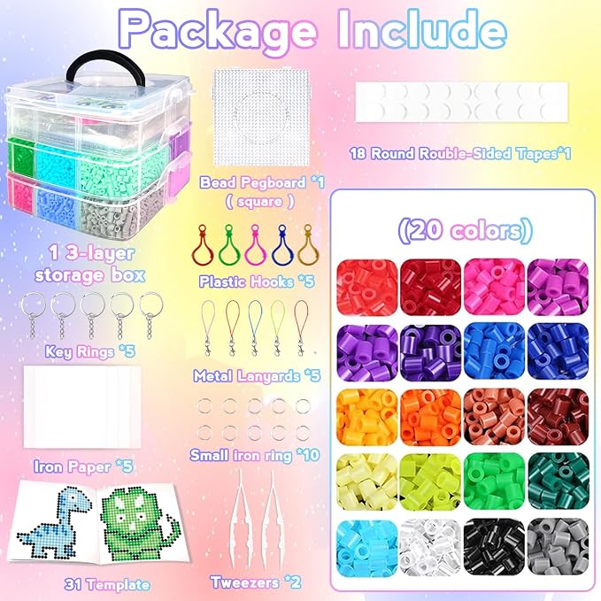 Fuse Beads Kit for Kids-11000 Beads,20 Colors 5mm Fuse Beads Set with Storage Box, Ironing Papers,Pegboards Booklet and Accessories,DIY Art Craft Toys Gifts for Girls & Boys Age 5+ Birthday Christmas