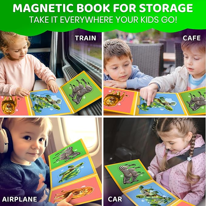 QUOKKA Step Up Magnetic Puzzles for Toddlers 1-3, Wild Animals Puzzle Set in One Book, Travel Games for Kids 3-5, Screen Free Toy for Toddlers and Preschoolers