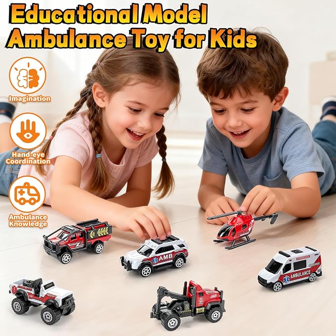6 Pack Diecast Ambulance Toy, Mini Alloy City Rescue Emergency Vehicle Toys Playset Helicopter Toy Trucks for Boys Age 4-7 8 9 Years Old, Car Toys for Kids Toddlers Party Favors & Birthday Gift | Ambulance Vehicle Playset with Helicopter, Emergency Car...