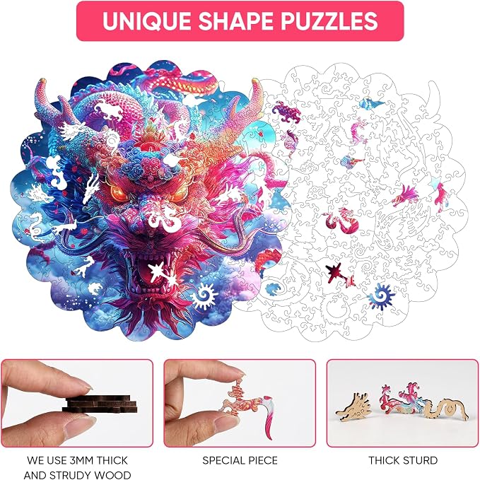 MEATRN Dragon Wooden Puzzles for Adults, Wooden Jigsaw Puzzles, 203 Pcs | Oriental Mythology Kirin Luxury Wood Wall Decorative for Collectors, Unique Gift & Home Decor, 11.4x11.4 in