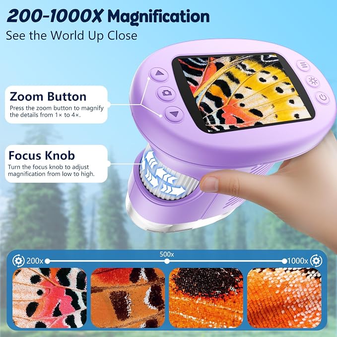 Odatay 2.4" 4K 1000X Digital Kids Microscope with 32G Card 12 Slides Purple | Long Distance Viewing, Portable Handheld Edu Gift Toys for Age 3-12, Exploring Bugs Plants at Home Classroom & Outdoor Travel