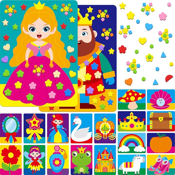 SpriteGru Foam Sticker Art Activity, 10 Princess & Castle Art Board with 1660 Foam Stickers in 10 Colors, Funny DIY Activity Creative Craft Kits Travel Game for Kids, Boys & Girls