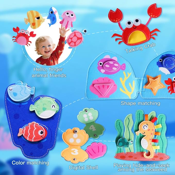 Travel Toys for Toddlers,Ocean Busy Book for Toddlers 1-3, Felt Activity Book, Busy Board for 1 Year Old Girls Montessori Toys, Quiet Book FineMotor Skills Learning Toys,Gifts for Children