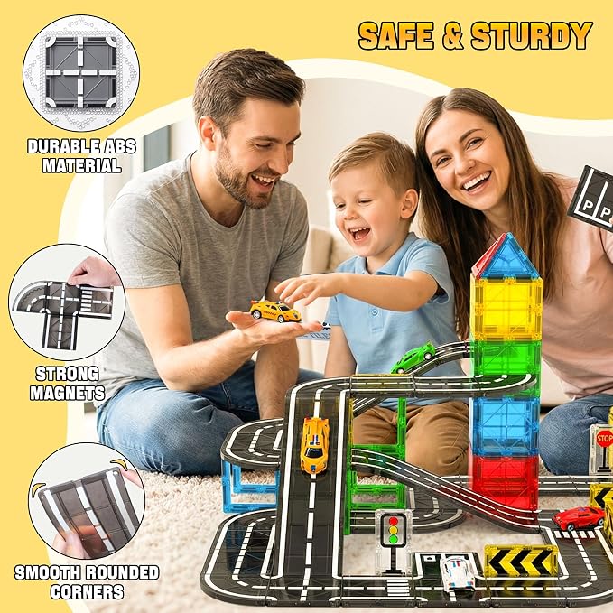 Road Magnetic Tiles for Kids Ages 4-8 with Cars,Ramp Magnet Tiles Boy Toy | Magnetic Tiles Road Expansion Set with Cars, Race Track Magnet Building Blocks,STEM Toys for 4+ Years Old Boy Birthday Gifts
