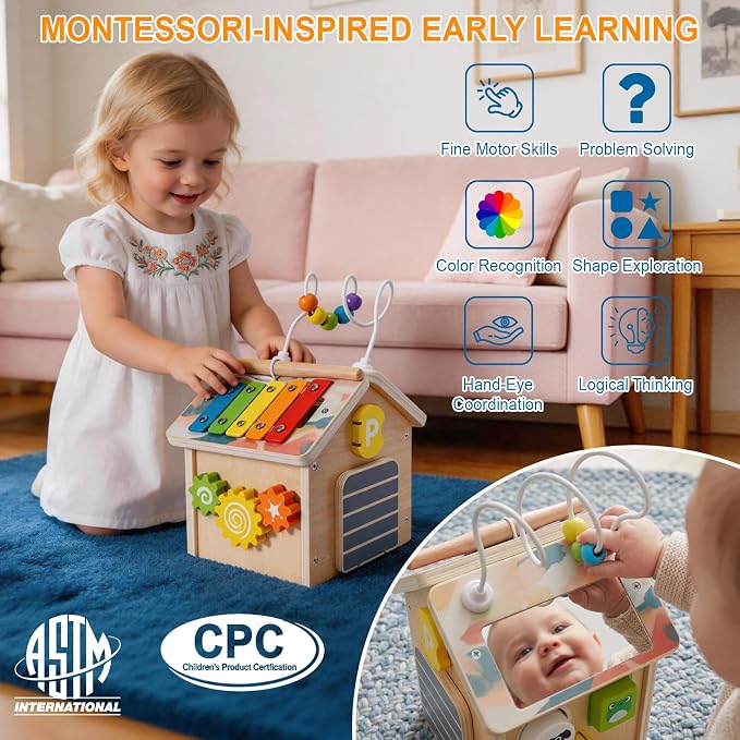 Montessori Wooden Baby Activity Play Cube Toys for Boys Girls 6 Months+, Early Developmental Learning Activity Center for Toddlers, 1-3 Years Old Kids First Birthday Gift, Bonus Infant Press & Go Car