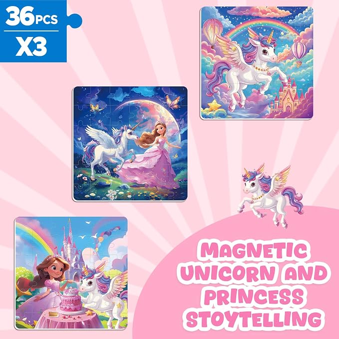 Homicozy Magnetic Puzzles for Toddler Kids 3-8, Unicorn Princess Travel Toy | 36-Piece Magnetic Puzzle for Kids Ages 3-5 4-6, Car Airplane Road Trip Activities, Quiet Screen-Free Game, Girl Birthday Gift