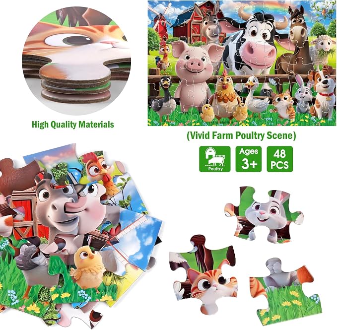 Jumbo Floor Puzzle for Kids,48 Piece Farm Animals Jigsaw Puzzle Ages 3-8 | Animal Theme,Extra-Large Thick Pieces Fit Little Hands,35x24 in Completed,Preschool Educational Gift for Boys and Girls