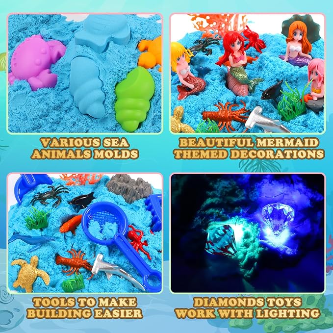 GAIETYDIY Mermaid Sensory Bin for Girl, Magic Sand Art Kit with LED Light | 2.2lbs Sensory Sand, Ocean Sea Animals, Sand Box with lid, Mermaid Toy Christmas Birthday Gift for Girls Ages 3 4 5 6 7 8 9+