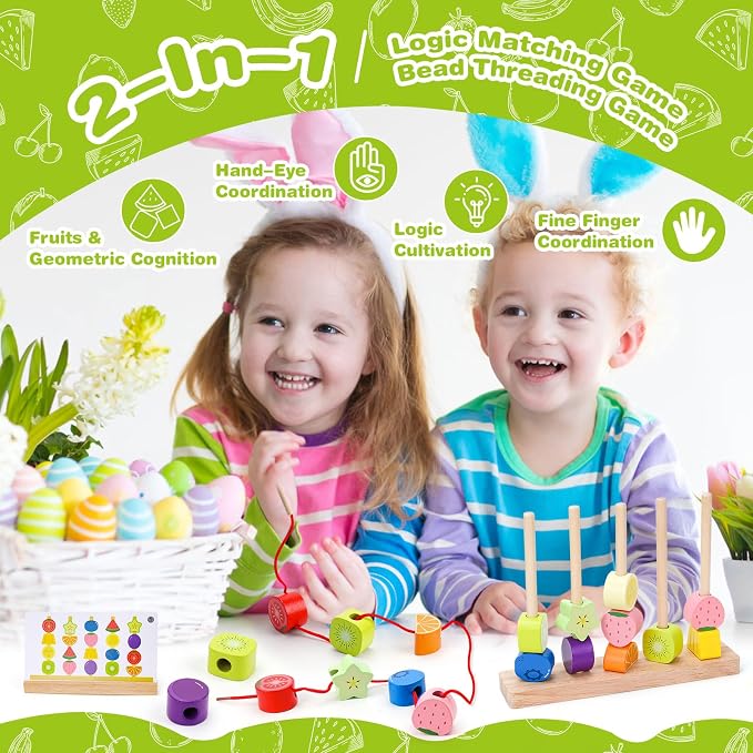 Appoft Montessori Wooden Beads Mastery Kit: Fine Motor Skills Builder for Toddlers 2-5 Stacking Blocks Lacing Beads Travel Learning Toys STEM Gifts for 2 3 4 5 Year Old Boys Girls Toys for Ages 2-4