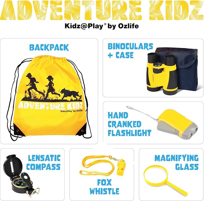 Adventure Kidz Yellow Outdoor Exploration Kit for Children | Binoculars, Flashlight, Compass, Fox Whistle & Magnifying Glass, Backpack Included