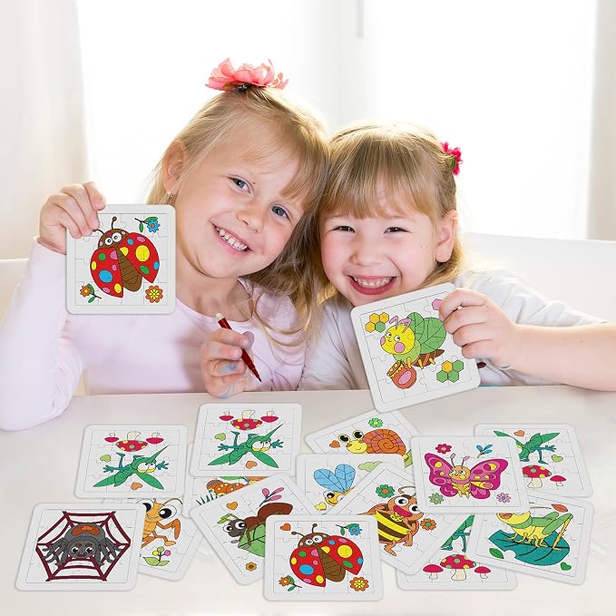 Cinrobiye 24 Pack Insect Coloring Jigsaw Craft Kit for Kids, DIY Bug Activity Set Bulk with 12 Designs, Butterfly Bee Ladybug Puzzle, Spring Party Favors, Classroom Art Projects