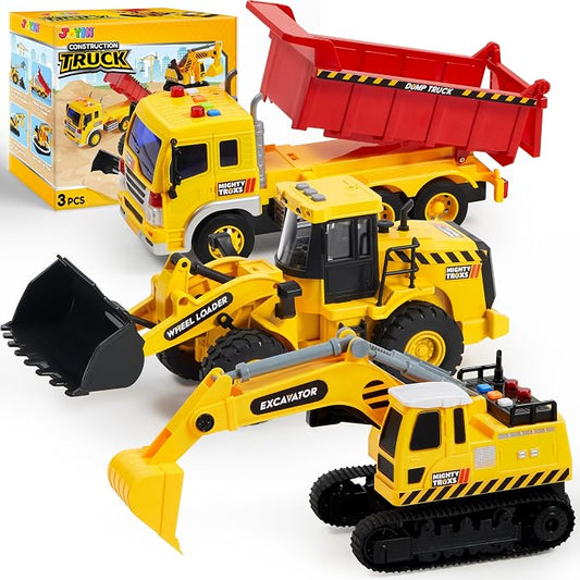 JOYIN 3 Pack Construction Toy - Excavator, Dump Truck and Loader, Moveable Claw & Lifting Back, Construction Truck Toy, Birthday Gift for Boys Kids