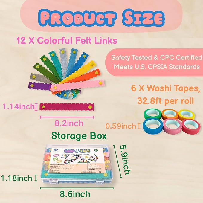 Feel Good Waves Snap & Tape Play Kit - Kid Travel Toy - Fine Motor -Fidget | 12 felt snap links, 6 washi tapes & carry case, screen-free for airplane, car & restaurant, sensory play, US safety certified