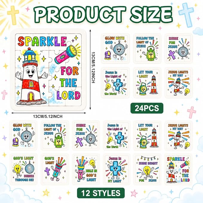 Cinrobiye 24 Pcs 2026 VBS Jesus is the Light Coloring Puzzle Crafts Illumination Theme Christian Jigsaw Puzzle Craft for Vacation Bible School Sunday School Activities and Church Events