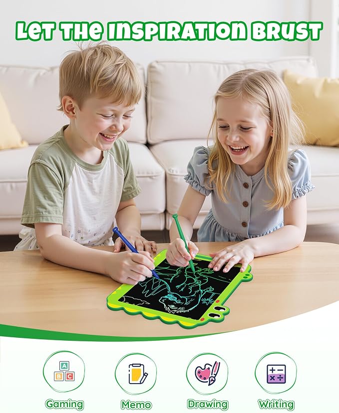 12 Inch LCD Doodle Board Tablet Toy - Green Dinosaur Drawing Pad for Kids 3-6 Years Old - Christmas and Birthday Gifts