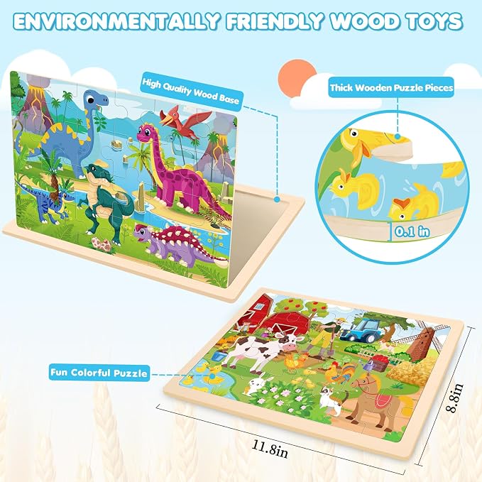 4-Pack Wooden Puzzles for Kids Ages 3-5, 24-Piece Animals Toddler Set | Toddler Puzzles Ages 3-5, Preschool Puzzles with Wooden Jigsaw Boards for Fine Motor Skills, Shape Recognition and Travel