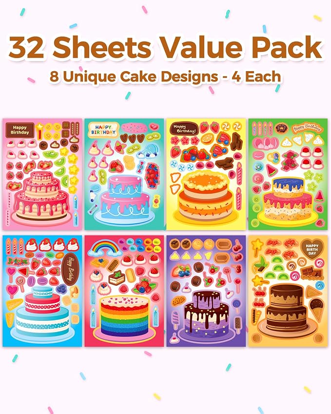 32 Sheets Birthday Cake Stickers for Kids | Make Your Own Stickers, Birthday Party Favors, Kids Craft Activities, Goodie Bag Stuffers