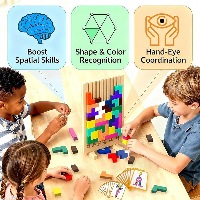 Wooden Block Puzzle Montessori Toys, Colorful Stacking Game Brain Teaser Puzzles for Toddlers and Kids with 20 Cards, Educational Wooden Toy Gifts for 3 4 5 6 7 8 Year Old Boys and Girls