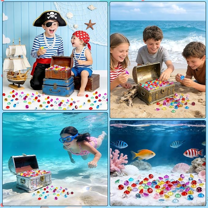 150 Pcs Pirate Treasure Gems Toys Acrylic Diamonds Diving Jewels | Plastic Fake Gemstones, Summer Pool Dive Water Toy, Sensory Bin Filler, Pirate Party Favors Decorations, Treasure Hunt Games