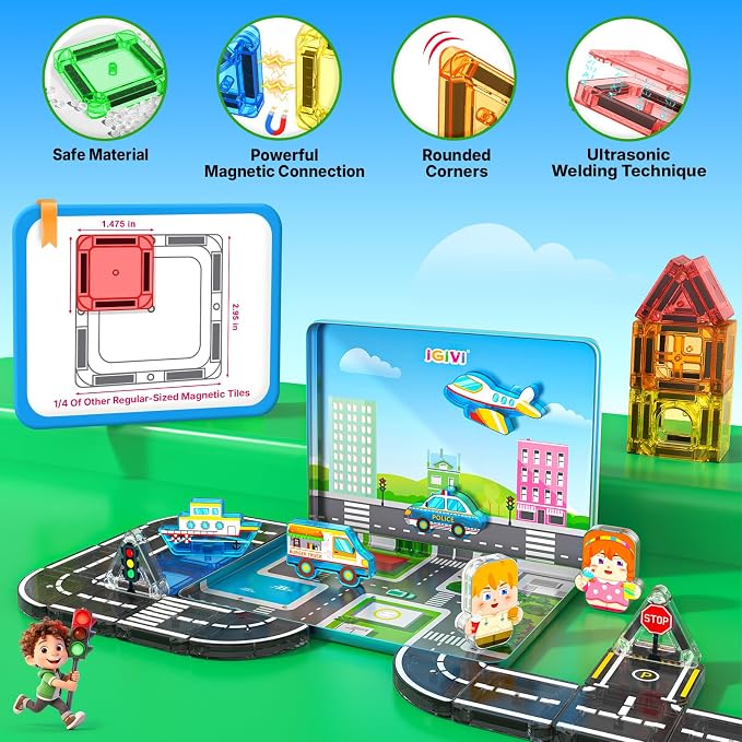 Mini Magnetic Tiles Road Travel Essentials Set — Portable STEM Sensory Magnetic Building Blocks for Toddlers & Preschool Toys, Compact Travel Toys for 3+ Boys & Girls, Easter Birthday Gift
