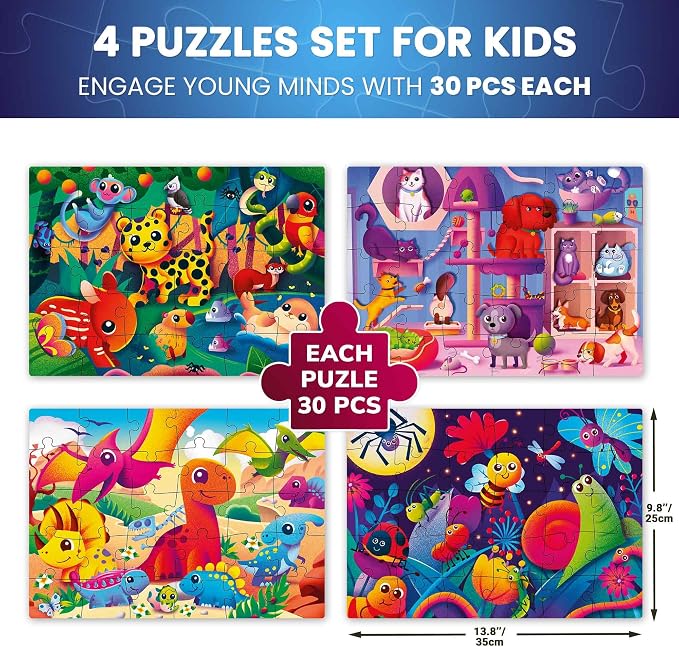 30 Pieces Puzzles for Kids Ages 3-5 – 4 Jigsaw Toddler Puzzles Ages 4-6 | Glow-in-The-Dark Dinosaur and Animals Learning - Educational Jigsaw Puzzle for Ages Kids 4-8 Years Old