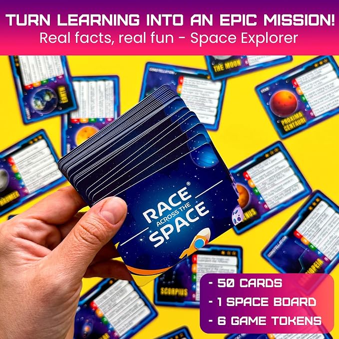 QUOKKA Space Board Game for Kids Ages 8-12 and Families – Fun Space Trivia Game with 50 Cards, Colorful Tokens & Game Board – Learn Planets, Moons Facts – Educational Family Games